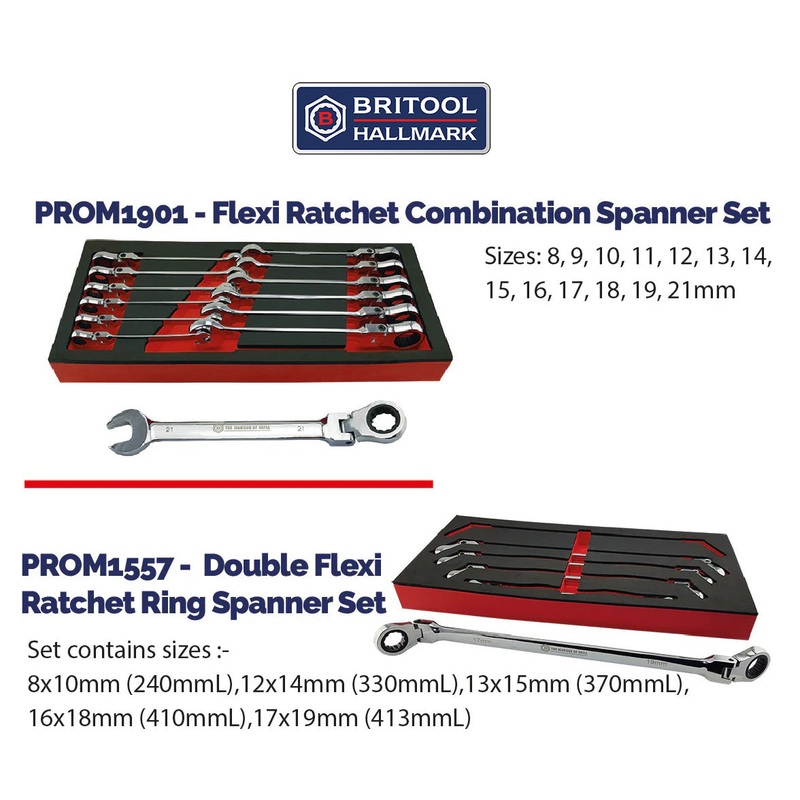 Britool Hallmark Flexi Ratchet Spanner Set  + Double Flexi Ratchet Ring Wrench Set