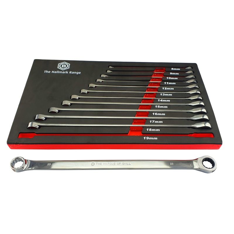 Britool Hallmark XL Ratchet Ring Spanner Set Sizes 8 To 19mm In Foam Tray